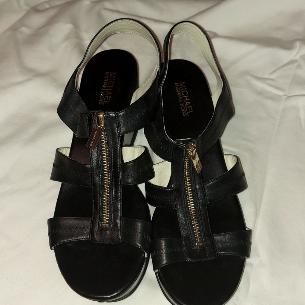 KORS Michael Kors Black Leather Wedge Sandals with Gold Zipper